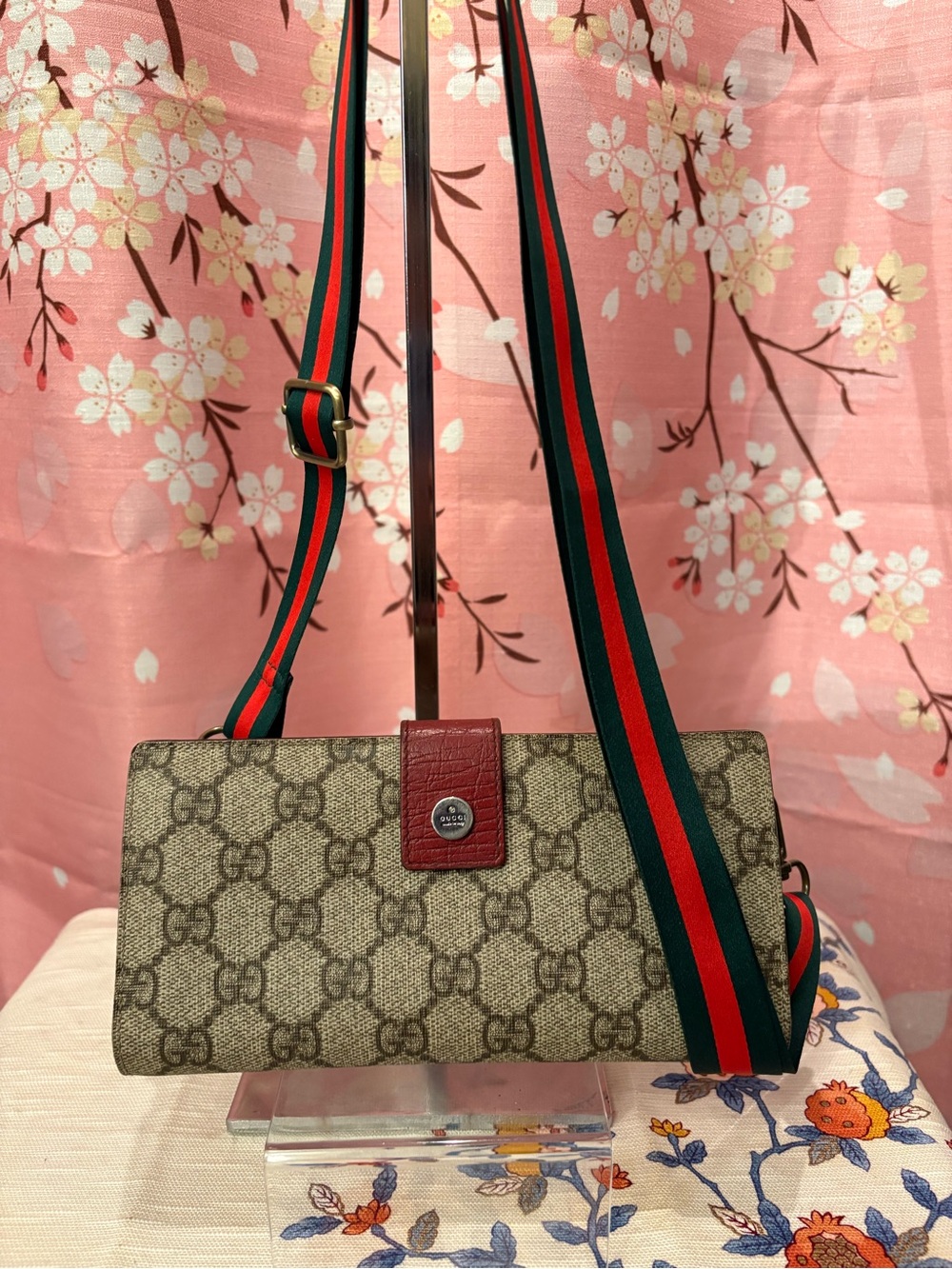 Gucci GG Supreme Continental Long Wallet Red Embossed Leather with Strap & COA
